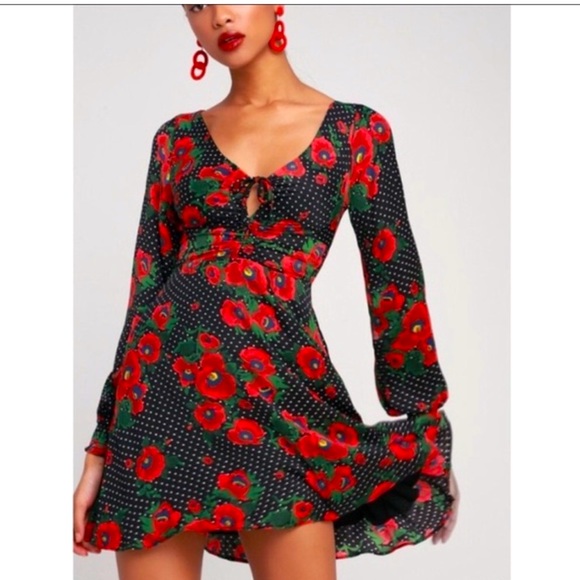 Free people red and black floral long sleeve mini dress size 6 - Picture 1 of 4